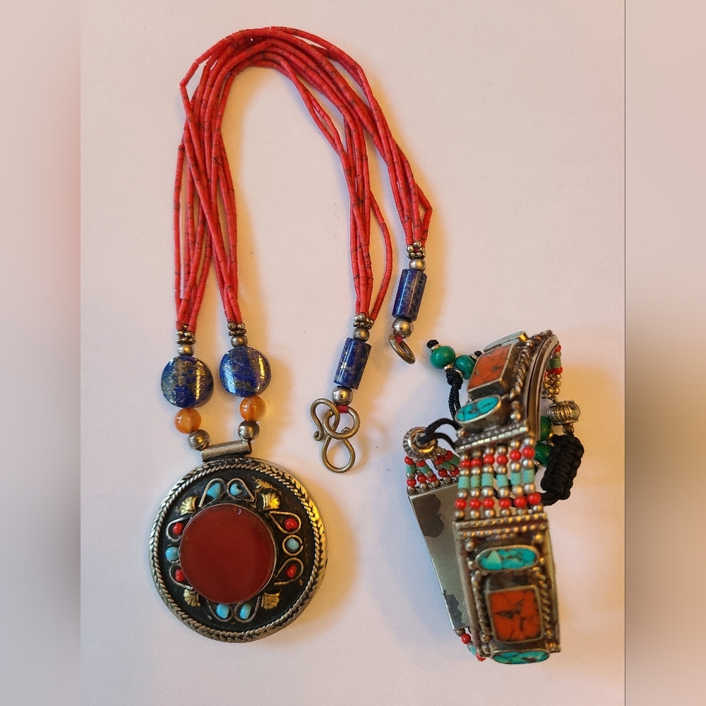 1970 Vintage Boho Turquoise n Coral Necklace and Bracelet, Cowgirl Hip
